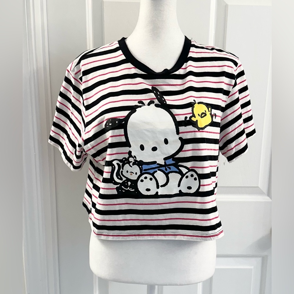 Pochacco by Sanrio‎ Striped Cropped Top Womens Short Sleeve Crew Neck Size XL